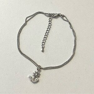 Anchor Charm w/ Crystals Double Chain Ankle Bracelet in Silver Color